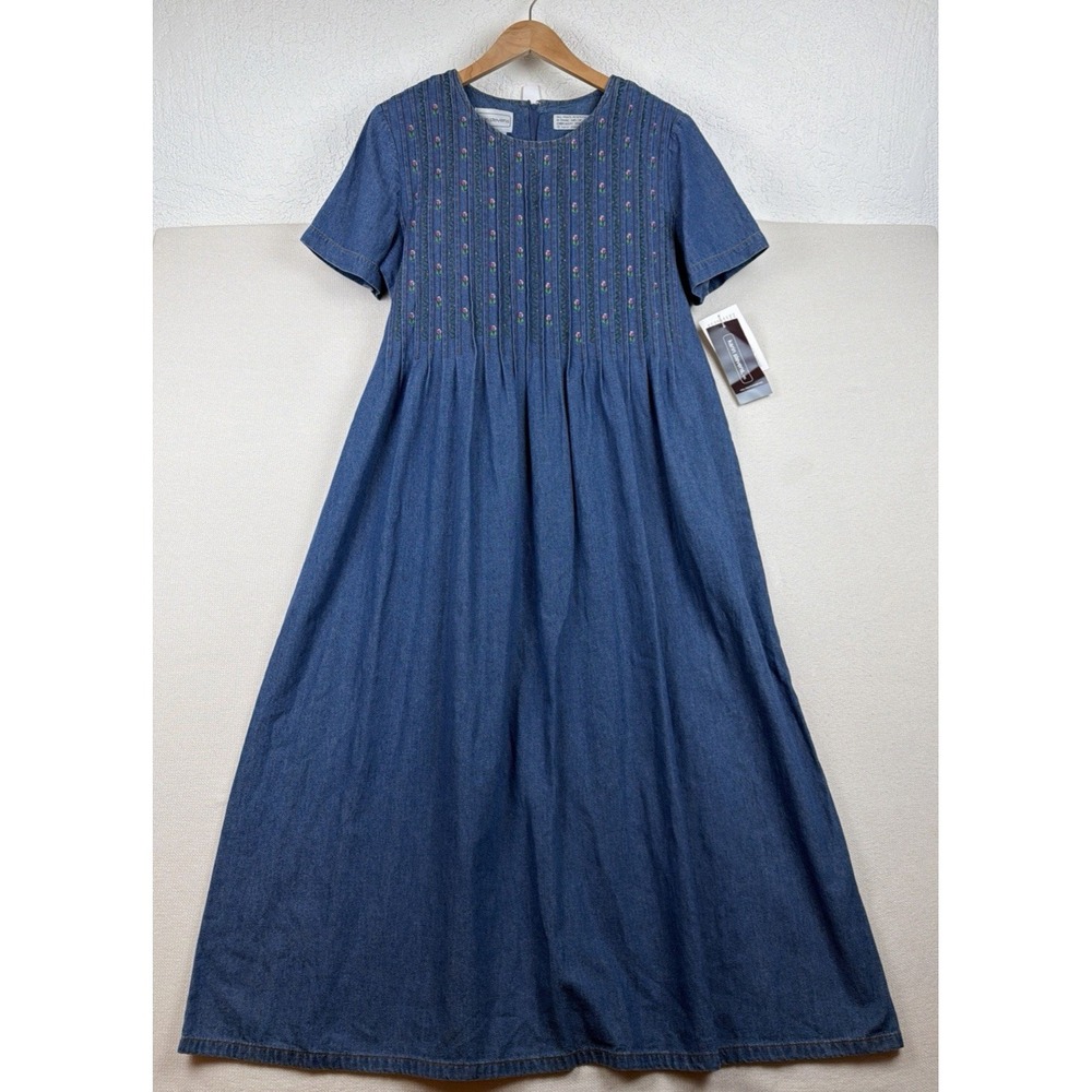 VTG Karin Stevens Denim Midi Dress NWT Sz 14 Cottagecore Prairie Belt Embroidery
